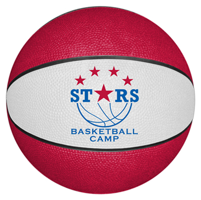 Rubber basketball with baskeball camp logo.